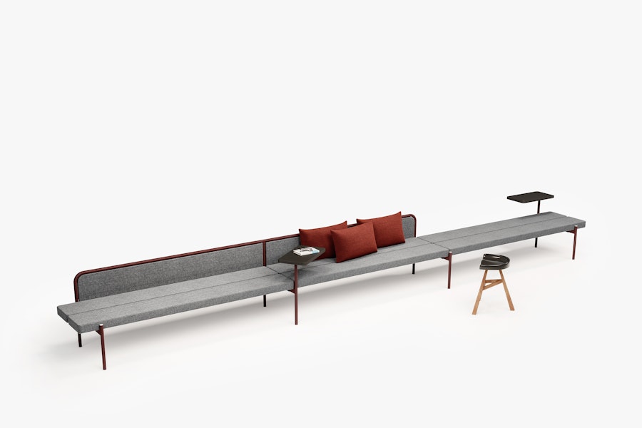 ISLAND Config 02 L6400 single bench CAT3 seat with double partition fenix table 7565 7623 R and E Bouroullec c2022 Establishedand Sons c Different Pictures Grey Background Styled Render 01b 72dpi